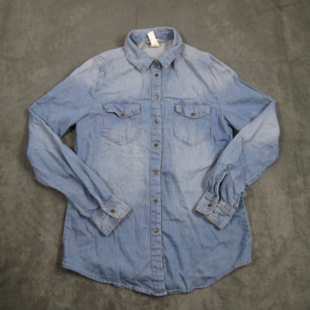 Ci Sono Chambray Button Down Shirt Women Large Blue Light Wash Long Sleeve